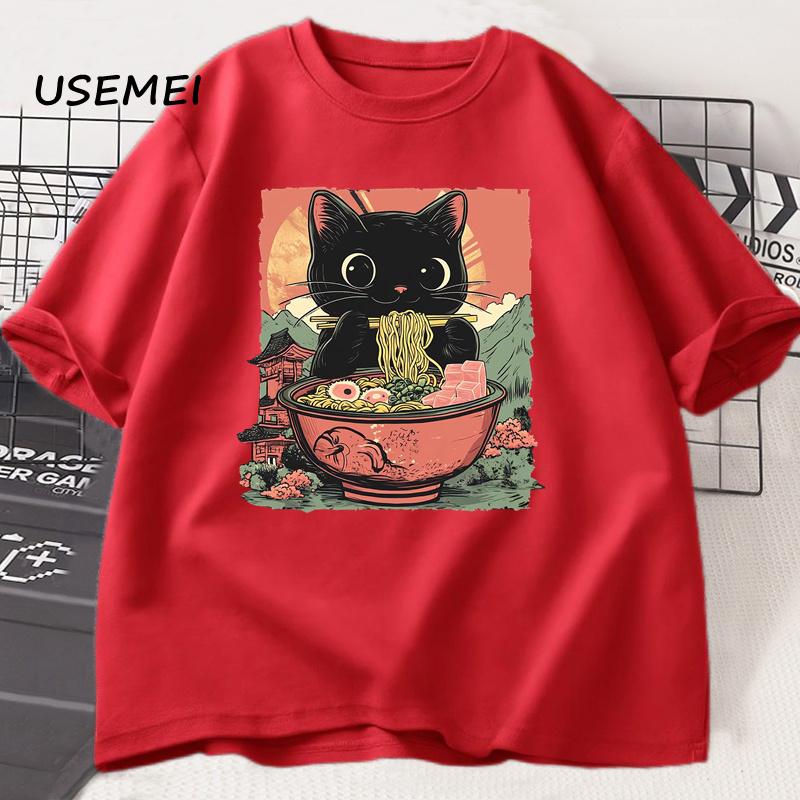 Cute Black Cat Eating Ramen T-Shirt Men Women Adorable Graphic Tee Shirt Foodie and Cat Lover Tshirt Animal Printed Tees Top