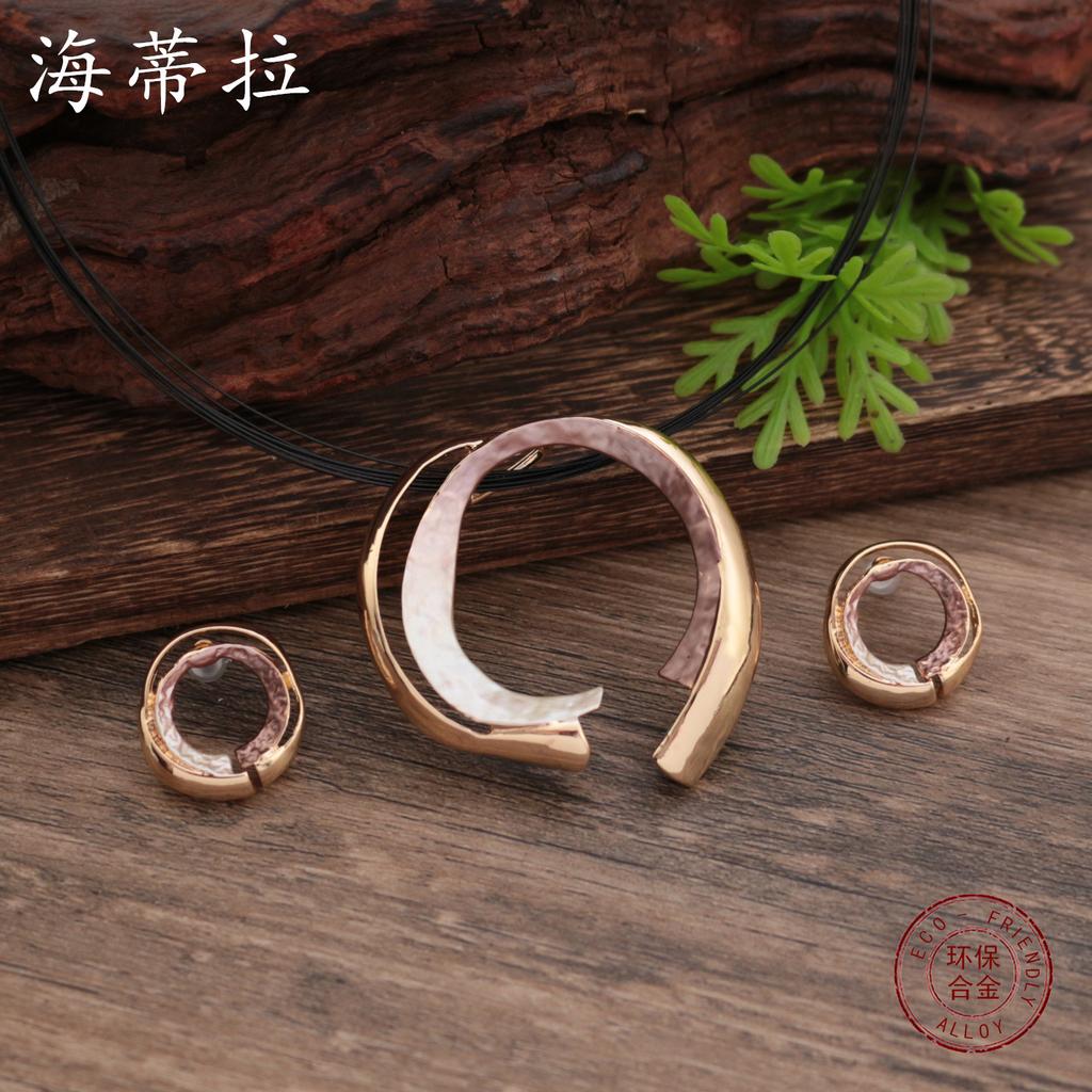 New enamel color hollow geometric round stud earrings pendant set, exaggerated women's personality ring necklace