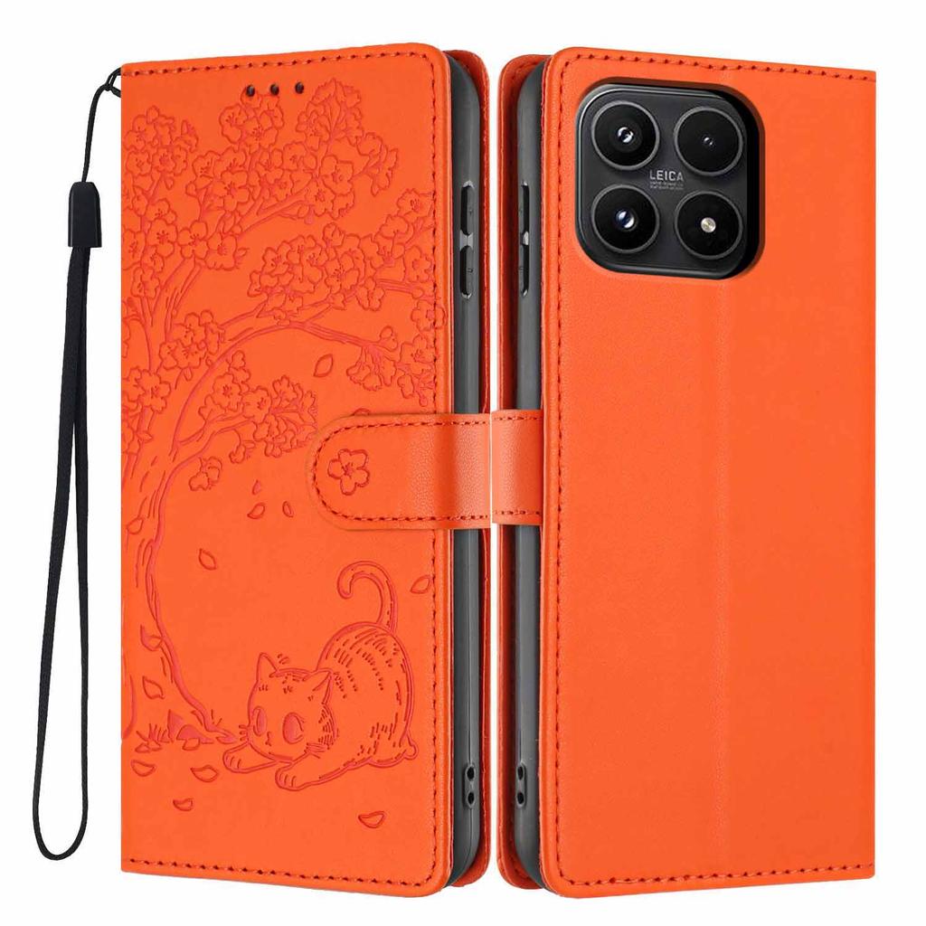 For Xiaomi 17 Stand Case Tree-and-Cat Pattern PU Leather Wallet Protective Phone Cover with Wrist Strap