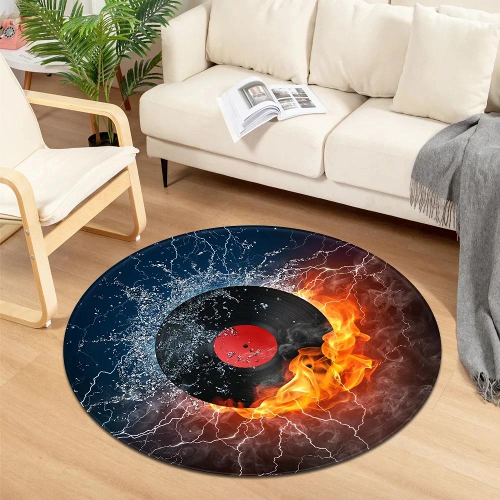 Crystal Velvet Water Fire Round Rug, CD Record Print Non Slip Floor Mat for Living Room, Bedroom, Home Decor, Circle Area Rug
