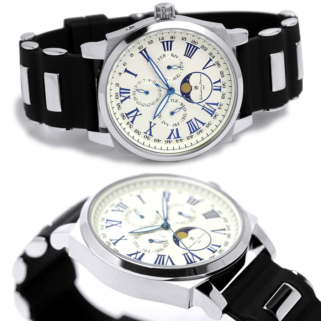 Watch Moon Phase Multi Calendar 5 ATM Water Resistant Business Formal Rubber Belt Limited Model White Silver [Salvatore Mara] Men's SM22105R-SSWH