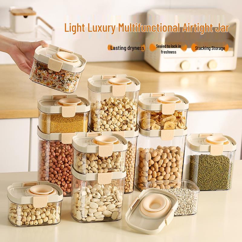 Retractable Seal Grain Storage Jar with No-Open Lid for Kitchen Cereal and Coarse Grains.
