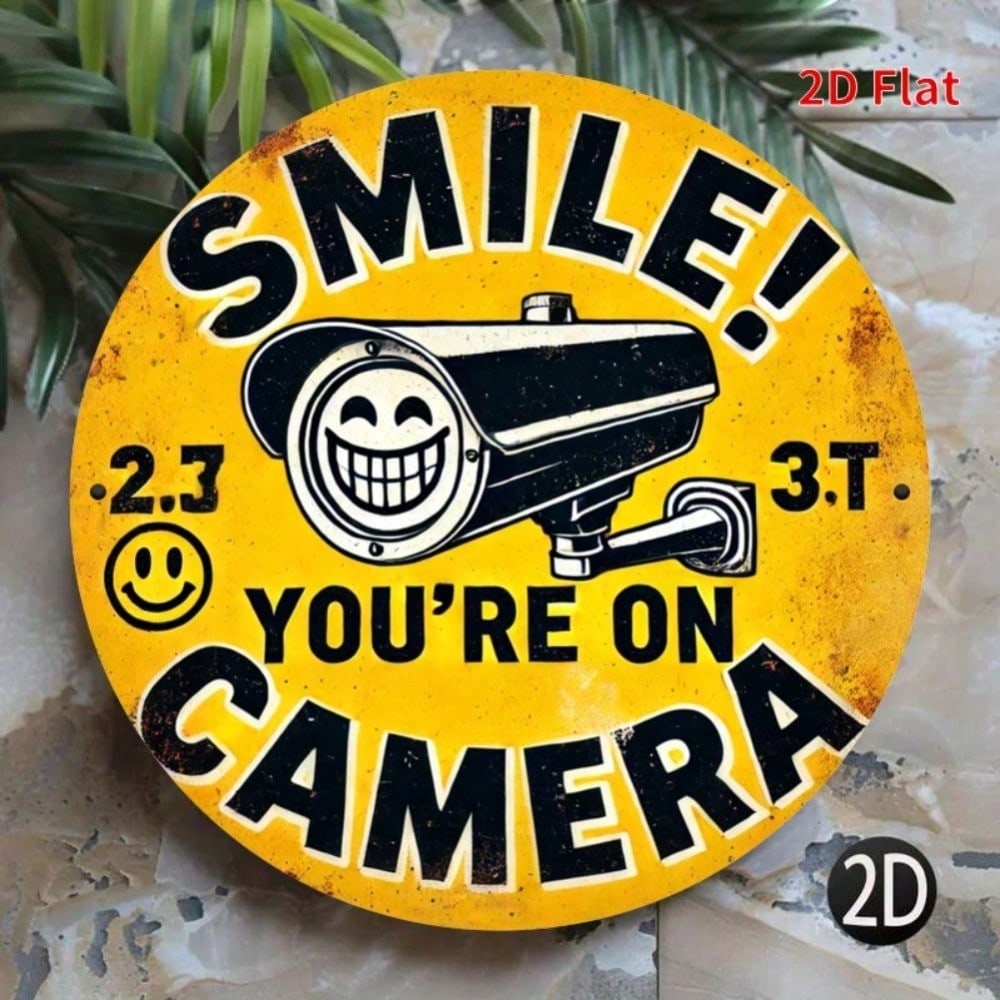 2D Flat Metal Sign Smile Youre On Camera Retro Tin Sign Yellow Round Metal Plate for Bar Home Wall Decor