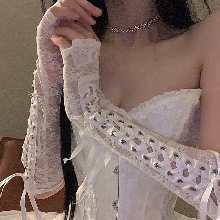Erotic Lingerie Sexy Lace Strap Gloves Long Seduction Half Finger Gloves COS Uniform Women Qqn