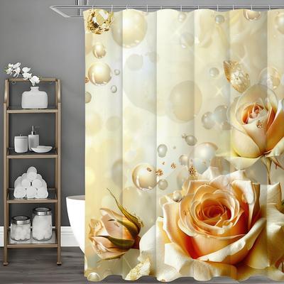Gelbe Rose Blumenduschvorhang, Dekorativer Duschvorhang für Badezimmer, Wasserdichter Duschvorhang mit Haken