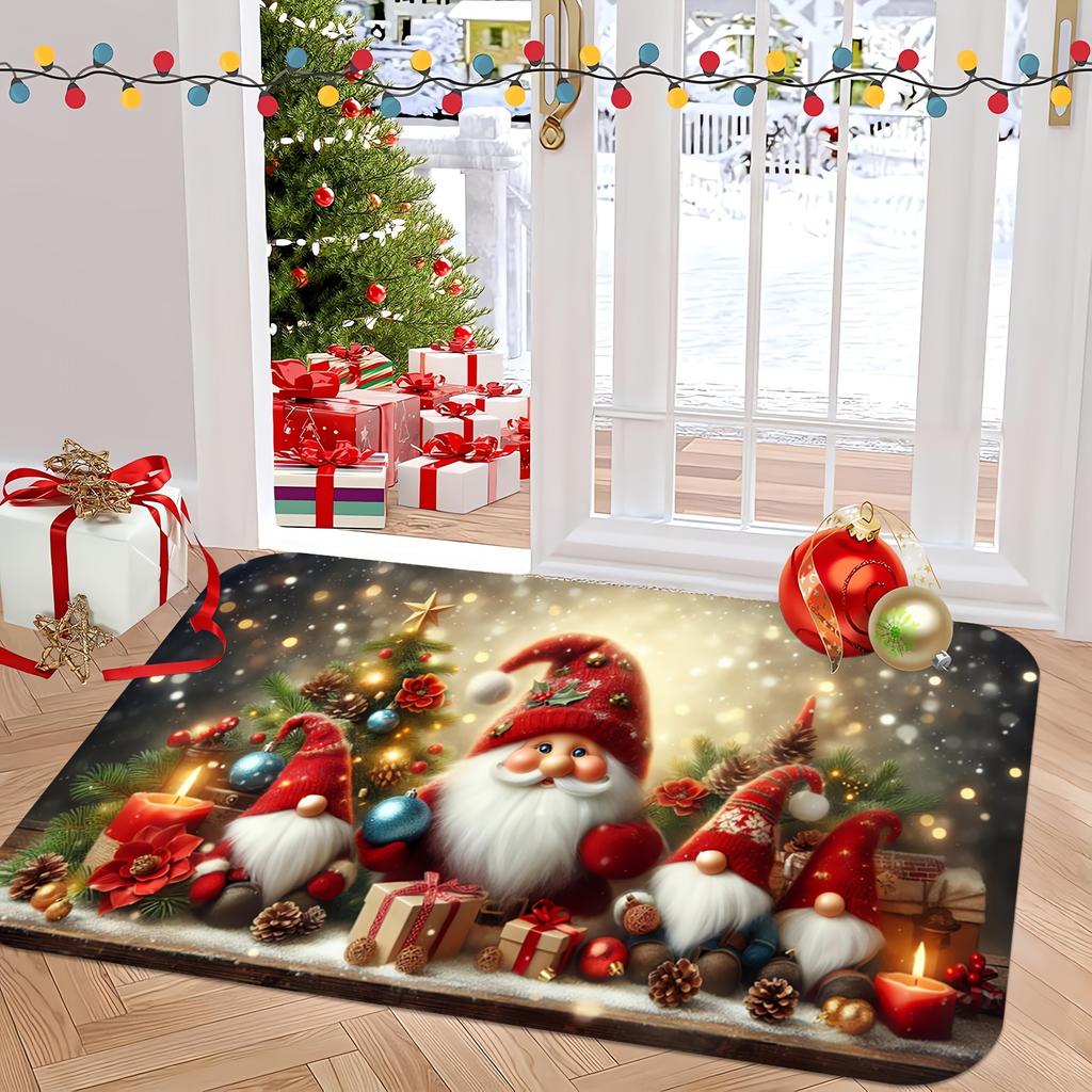 1pc Christmas‑Gnome‑Tree Print Welcome Doormat, Washable Indoor Floor Mat for Bathroom, Living Room, Bedroom, Kitchen, Office