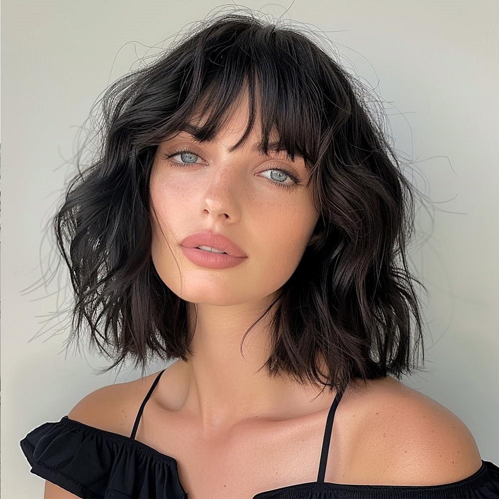 Short Wave Bob Wigs for Women with Bangs Medium Lenth Synthetic Natural Hair Wig for Daily Party Use