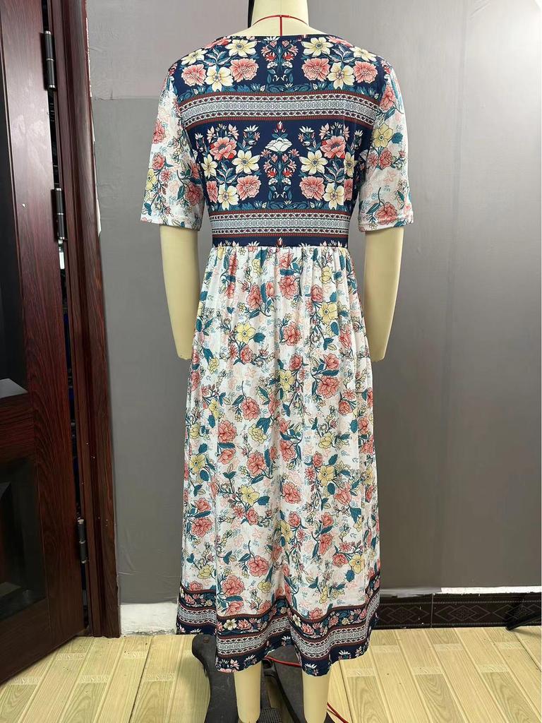2024 Summer Bohemian Print Women's Maxi Dress with Round Neck and Short Sleeves