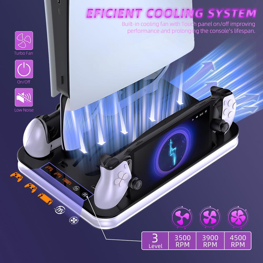 New 5-in-1 Vertical Stand for PS5 Pro/Slim/PS5, Includes PS5 Controller Charging Stand and Multi-Function Cooling Fan (Gray)