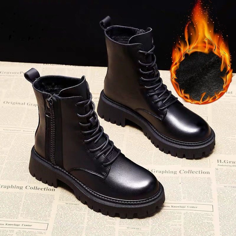 Autumn Winter Women's Mid Length Boots Black Anti Slip Footwear Laceup Boots Ladies Thick Heeled Casual Shoes