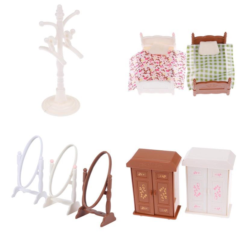 1:12 Dollhouse Miniature Bedroom Wardrobe Cabinet Single Bed Mirror Clothes Shelf Coat Hanger Model Furniture Accessories Toys