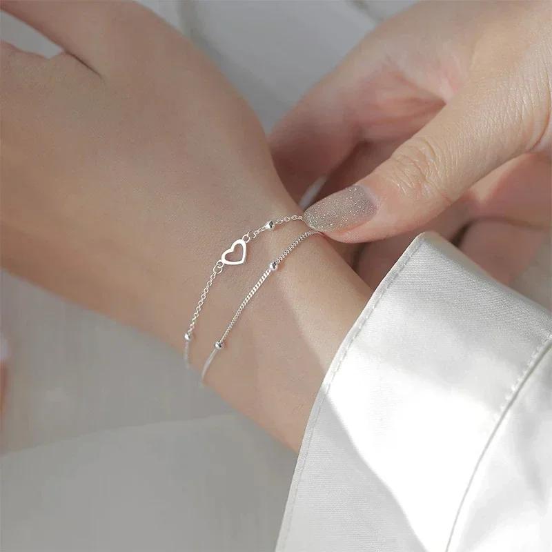 925 Silver Double Love Heart Hollow Beads Bracelet Adjustable Romantic Jewelry Gift for Women Fashion Classic
