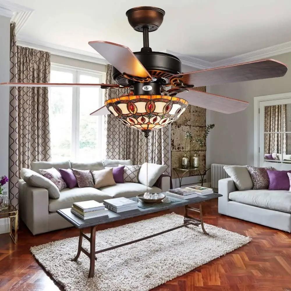 Retro Restaurant Ceiling Fan with Light Colored Glass Ceiling Fan Home Remote Control Wooden Leaf High Wind Ceiling Fan Light
