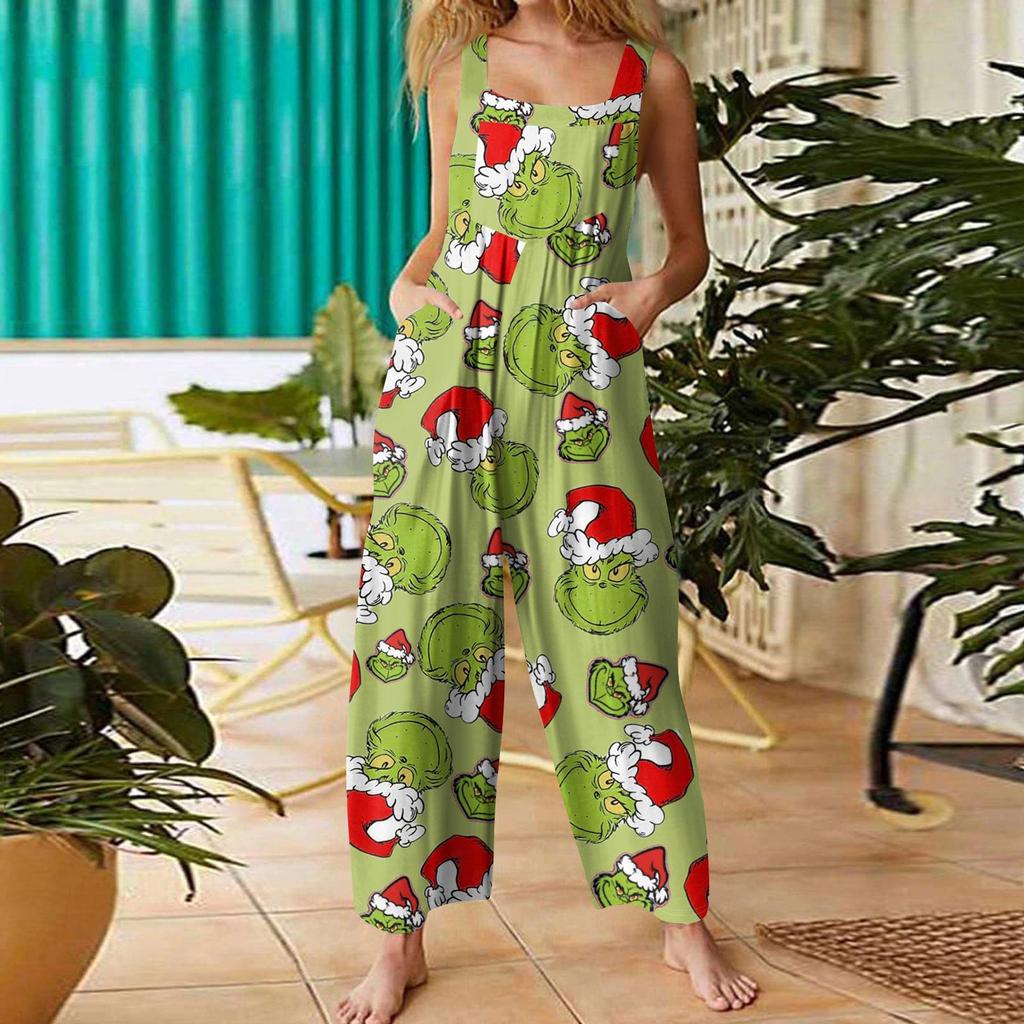 Women's Casual Loose Jumpsuit Christmas Print Wide Leg Jumpsuit Sleeveless With Pockets