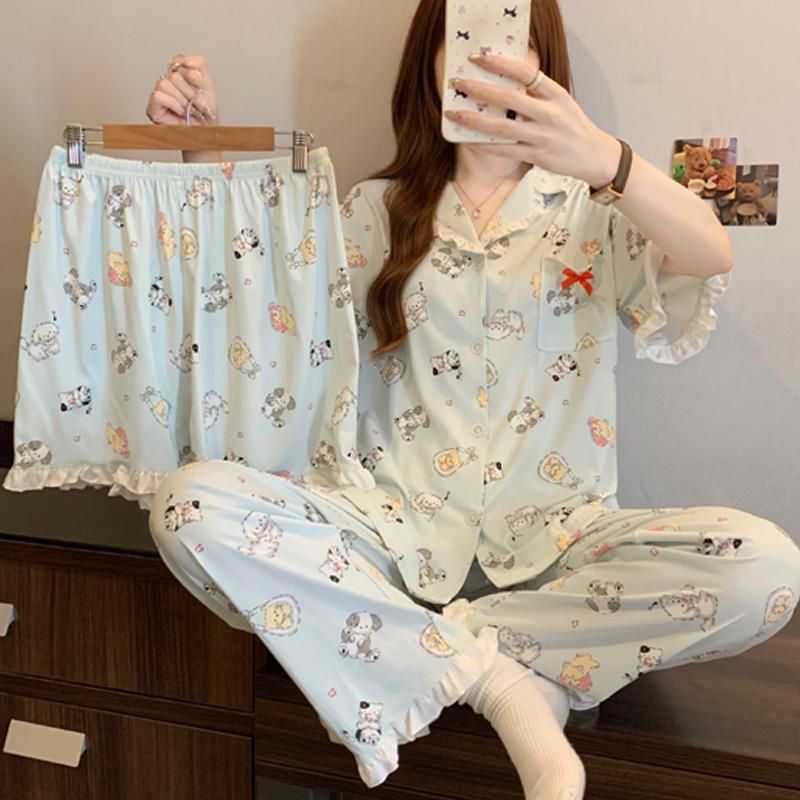 

Мультяшный щенок милый забавный стиль имитация хлопка кант женская летняя одежда для дома с коротким рукавом комплект из трех предметов 2XL [Recommended 130-72.5kg]