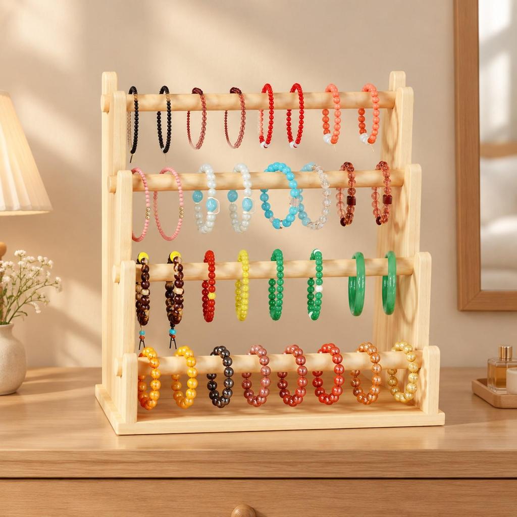 Wood Jewelry Organizer with Base Tray Open Design Tabletop Display Rack Stable Necklace and