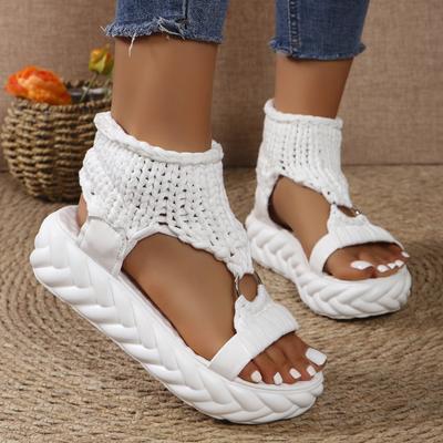 Sandalen Dames Zomer Dames Mode Sexy Strandkleding Platte Schoenen Effen Kleur Gevlochten Breisel O-Ring Uitgesneden Platform Sandalen