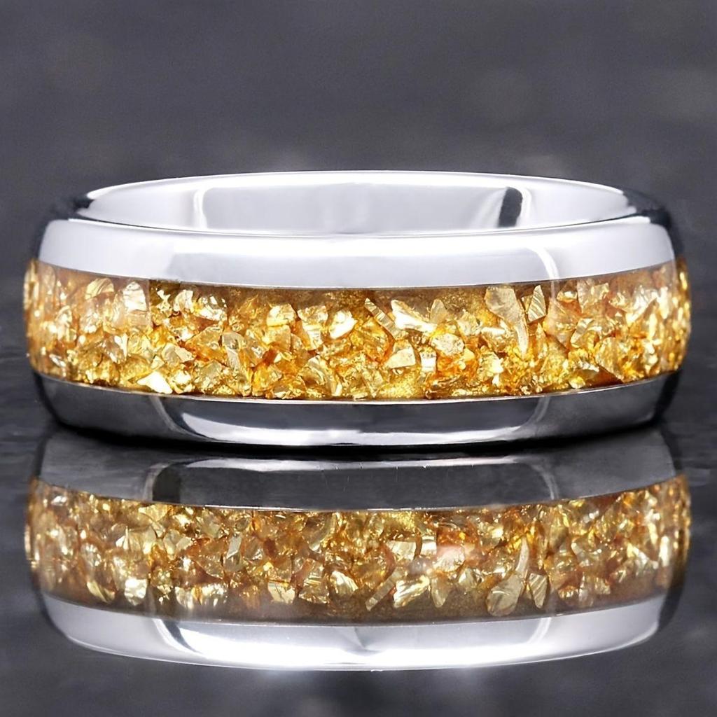 Yellow Crushed Stone Silver-Edged Stainless Steel Men's Fashion Ring