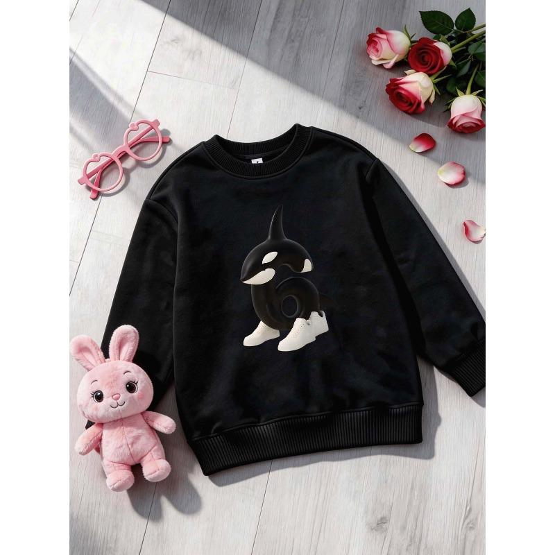 Girl's Round Neck Sweatshirt with Printed Number 67 Design, Featuring a Stylized Orca Pattern On the Chest