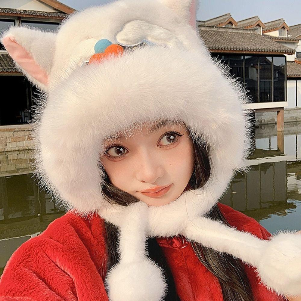Ear Muffs New Year Pullover Cap Lace Up Scarf Gloves Hat Winter Plush Warm Hat  New Year Gift