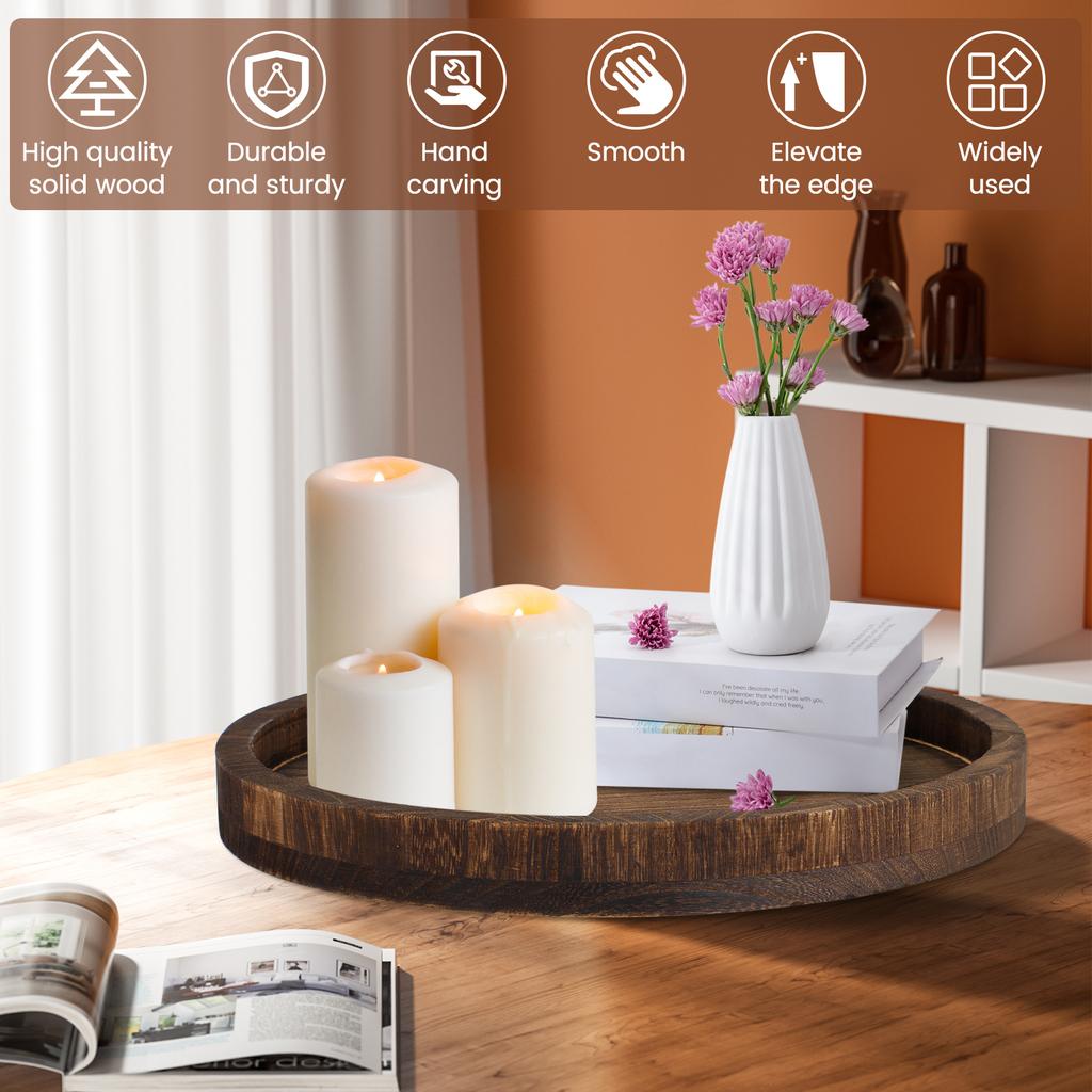 Round Tray Wood Serving Platter Vintage 30cm Round Dessert Plate Table Multipurpose Candle Holder Tray Decorative Tray
