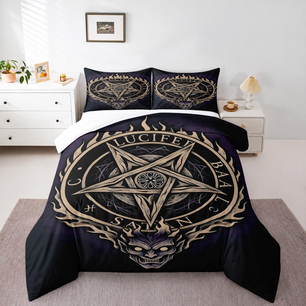 Duvet Cover Set Lucifer Satan Pentagram Flame Demon Wood Occult 3 Piece Bedding for Adult Fan Gift