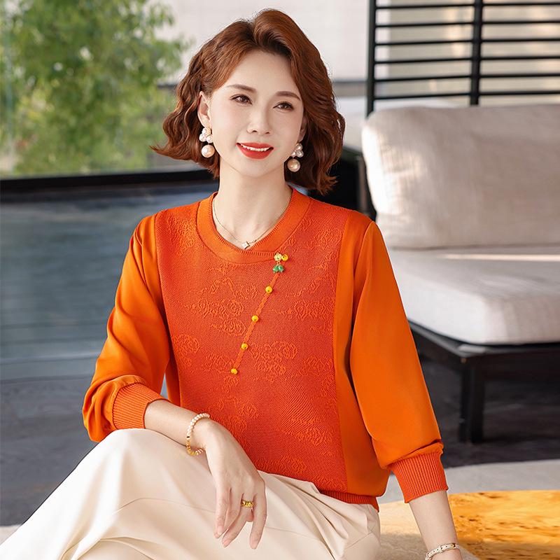 

Chic Summer Jacquard Knit T-Shirt for Middle-Aged Women - Gauze Sleeve, Lightweight Long-Sleeve Top for Spring and Autumn 3XL (120-135 kg)