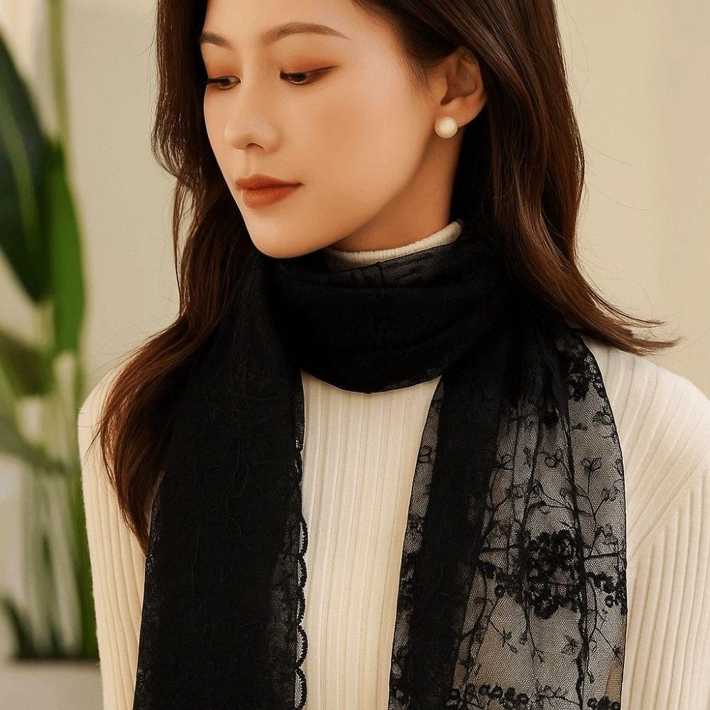 Breathable Spring Silk Scarf Polyester Long Hijab Scarf Headband Embroidered Flower Shawl  Vacation