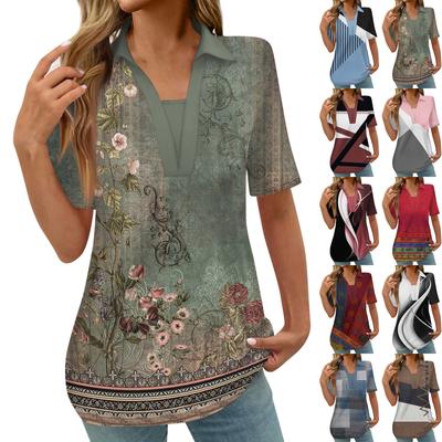 Women's Button Down Fashion Casual Vintage  Print Short Sleeve Shirts Blouse