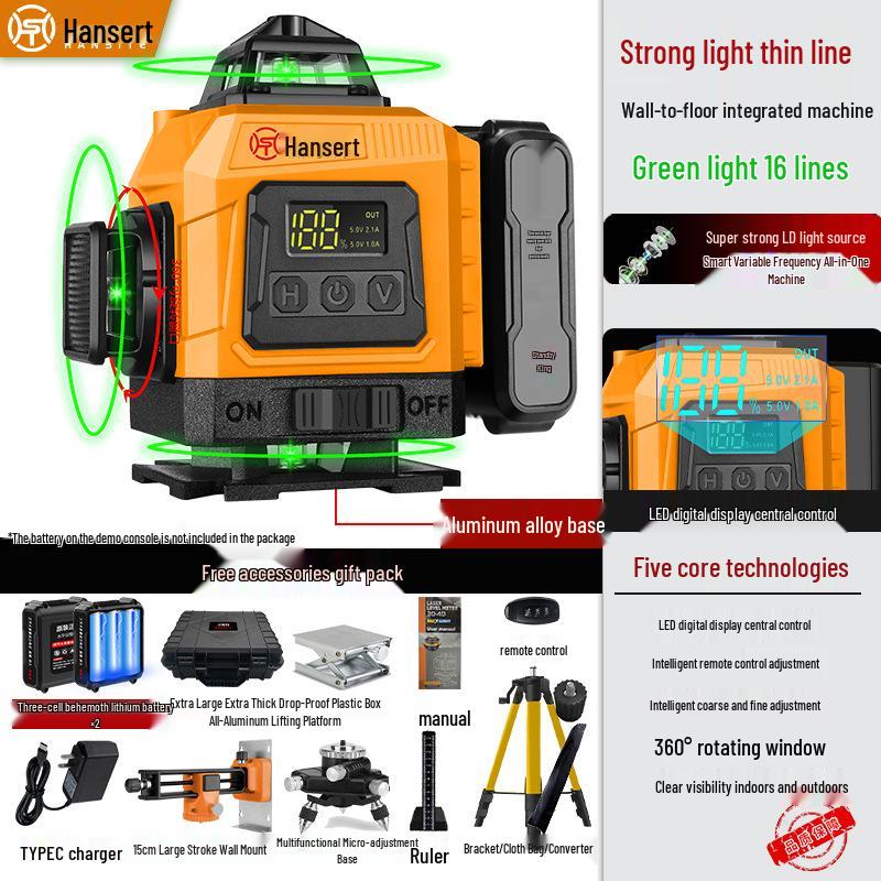 16-line High Precision Green Laser Level with Automatic Leveling for Indoor/Outdoor Use