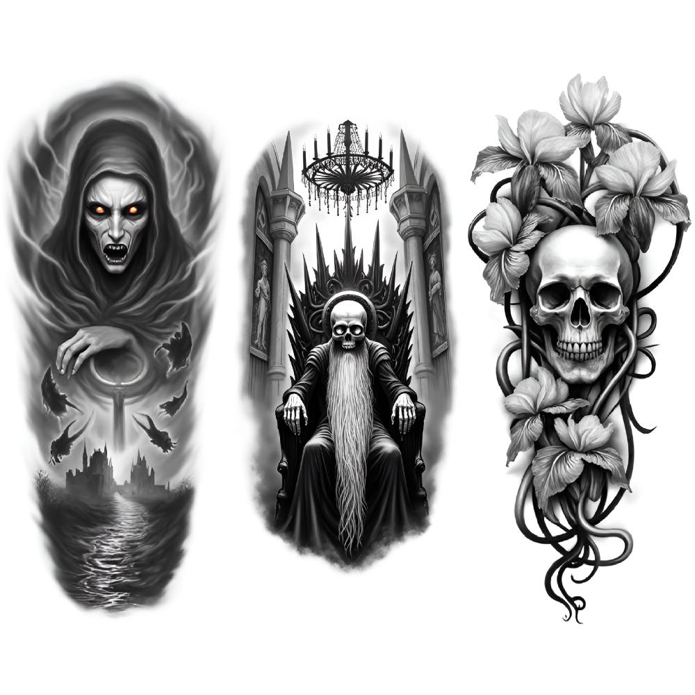 3pcs Temporary Tattoo Black And Grey Realism Bat Skeleton Skull With Flowers Skull With Roses For Adults Thighs Women