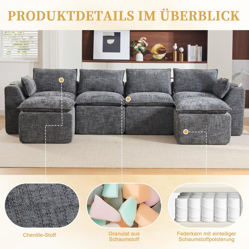 Modular 4-Seater Sofa (2 Footstools), Cushion, Cup Holder, 2 Side Pockets, Foam/Spring Core. Freely Combinable(gray Chenille Fabric)