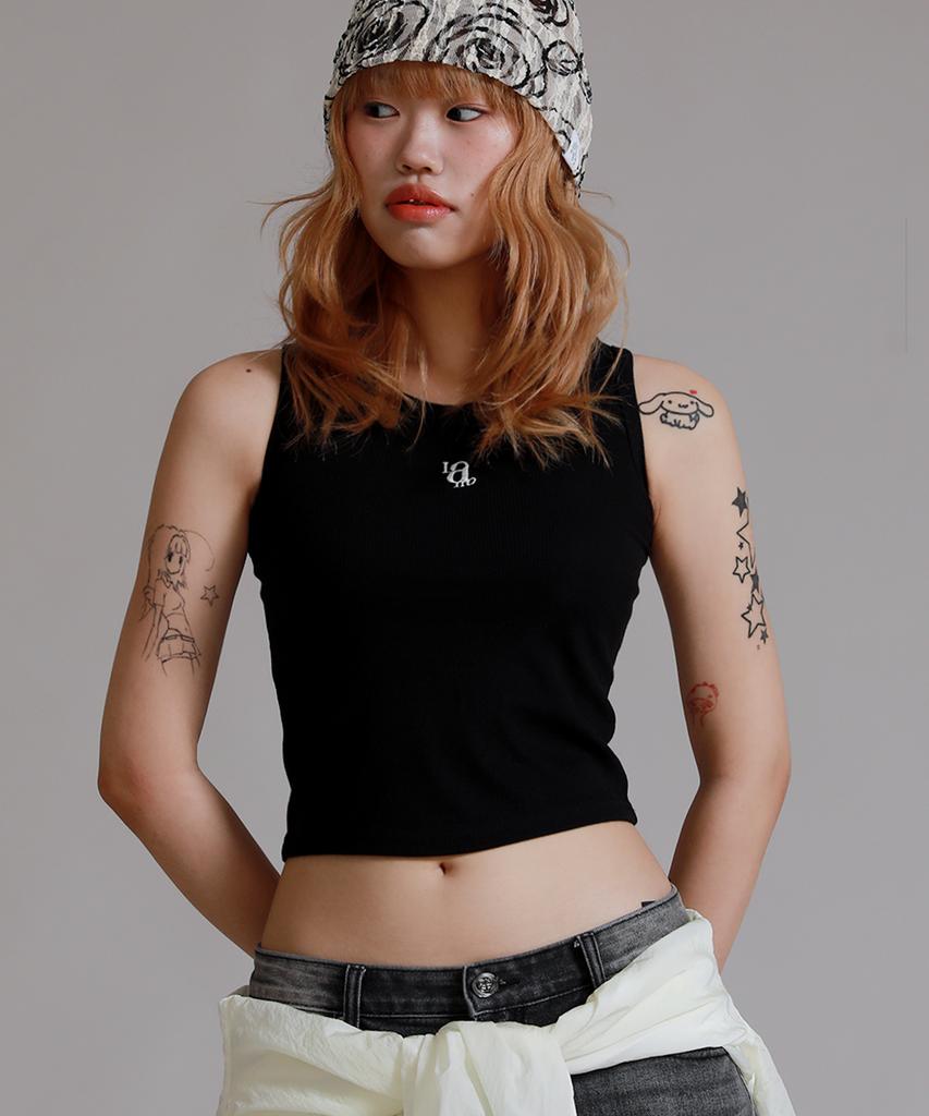 LIKE THE MOST Basic Embroidered Ribbed Sleeveless_Black