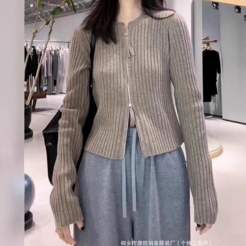 Knitted Knit Sweater with Zipper Slim Fit Sweater Early Autumn Women's Top Round Neck