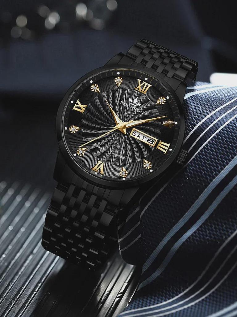 Men's Diamond Quartz Watch with Luminous Double Calendar
