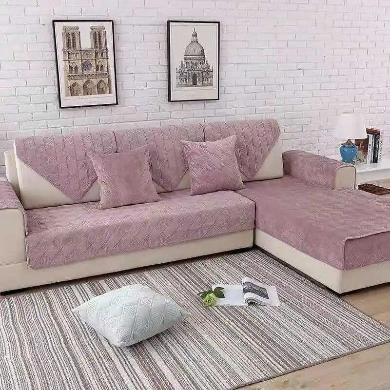 Kurzer Plüsch-Sofabezug in grauer Farbe, europäischer kurzer, dicker, gesteppter Sofabezug, rutschfester europäischer Couchbezug für Wohnzimmer