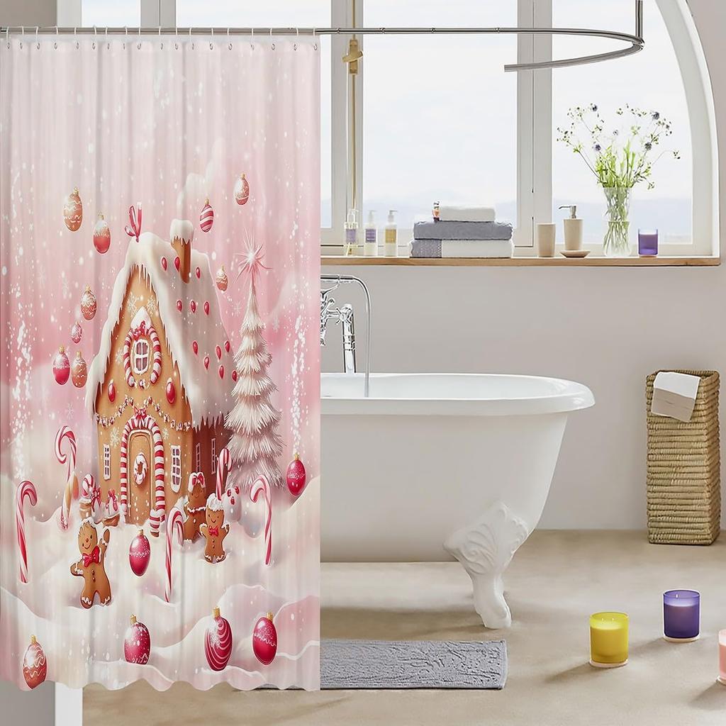 Gingerbread House Christmas Shower Curtain, Pink Waterproof Holiday Bathroom Decor with Festive Gingerbread Pattern for Bathtub