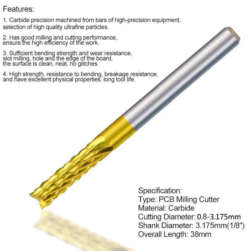 Milling Cutter Carbide End Milling Tools 0.8-3.175mm TiN Coated CNC Router Bits End Mill for PCB Machine Cutter Engraving Edge