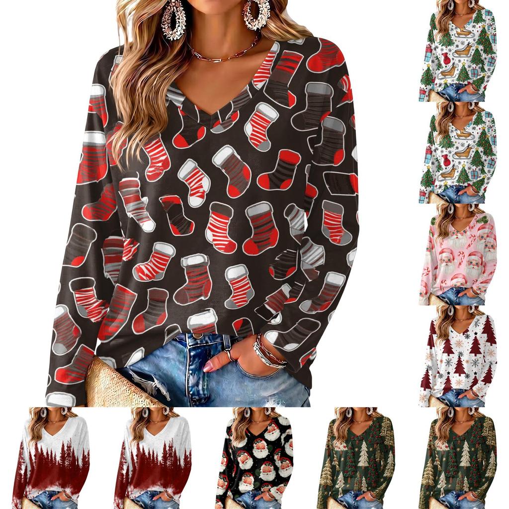 Women's V-Neck Long Sleeve Christmas Print Lightweight Blouse for Spring Summer