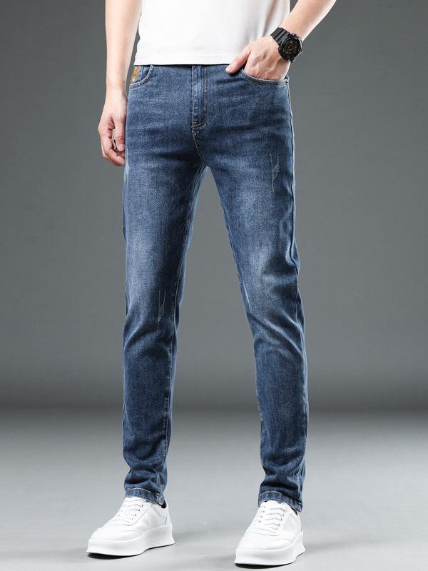 Xintang Men's Trendy Letter Print Slim Straight Jeans - All-Season Casual Style