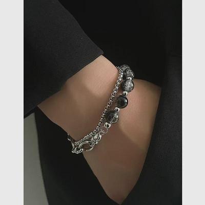 Titanium Steel Hip-Hop Double-Layer Chain Bracelet with Cracked Beads for Men and Women