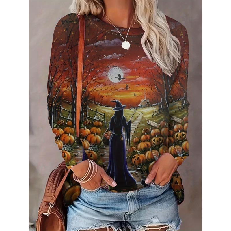 Halloween Damen Sweatshirt Designer Rundhals Langarm Locker Lässig Herbst Farbverlauf Spinnennetz Lustiges Muster Druck Oberteile