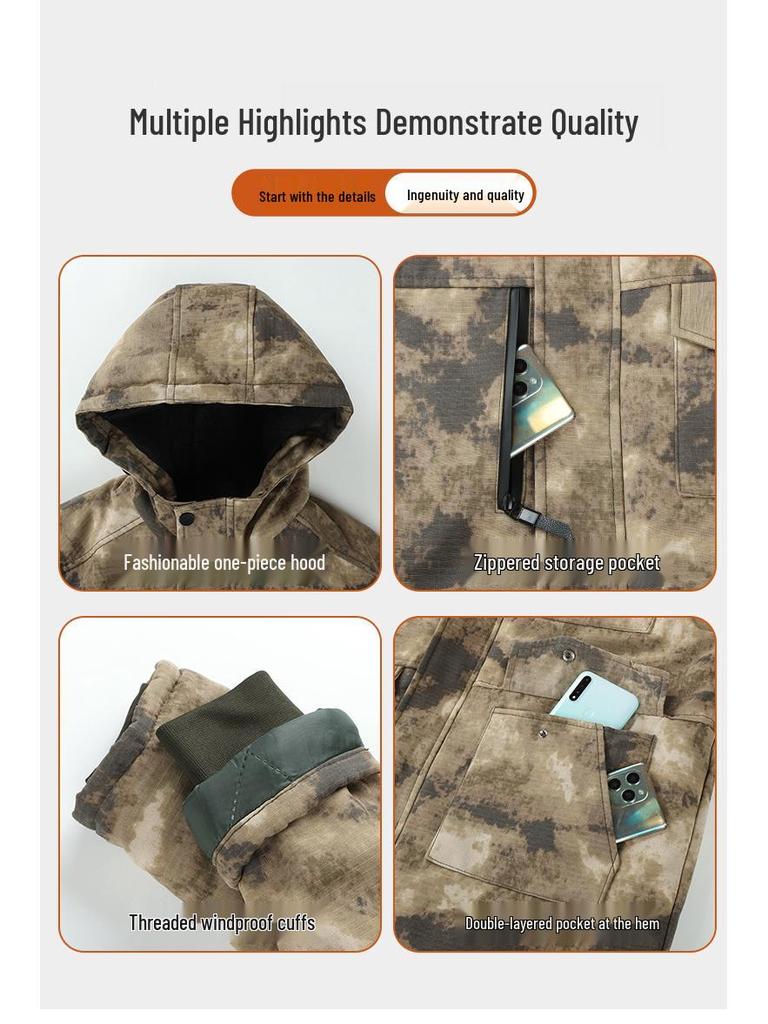 Men's Winter Waterproof Camouflage Work Jacket with Velvet Lining