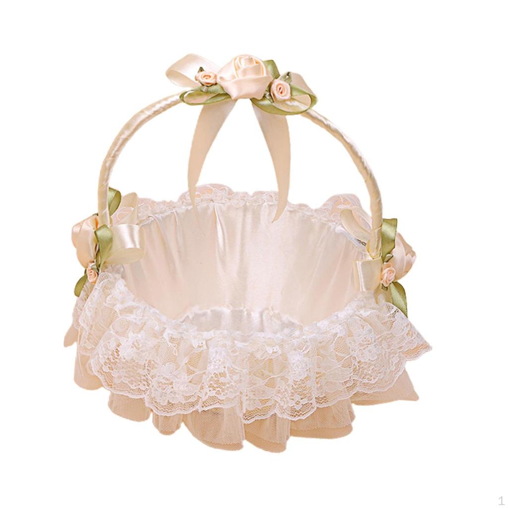Basket with Ribbons for Flower Girls, Bowknot Design, Handle Included, Wedding Accessories