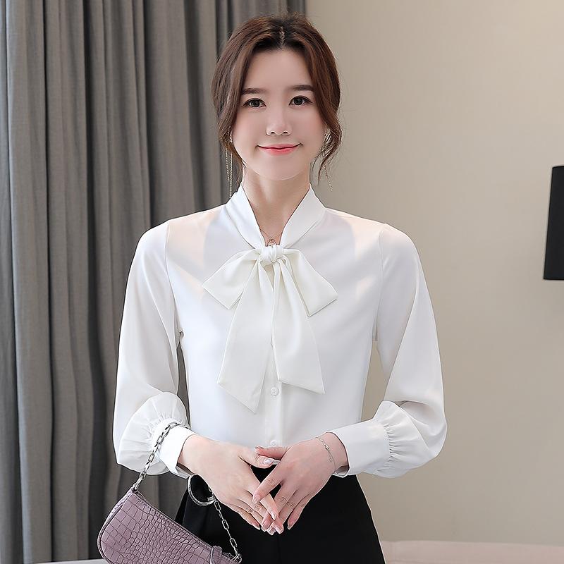 1116 white shirt women's design sense niche autumn long-sleeved top fashion acetic acid satin temperament lace-up chiffon