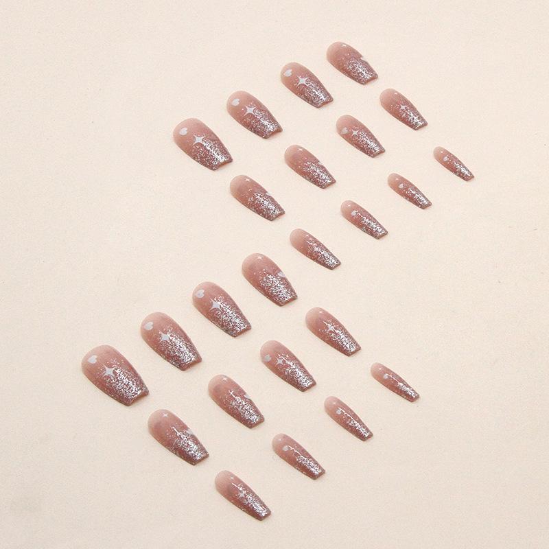 24 Pcs Medium and Long Sweet Valentine's Day Manicure Temperament Cat Eye Glitter Powder Star Love Fake Nails Wear Nail Pads
