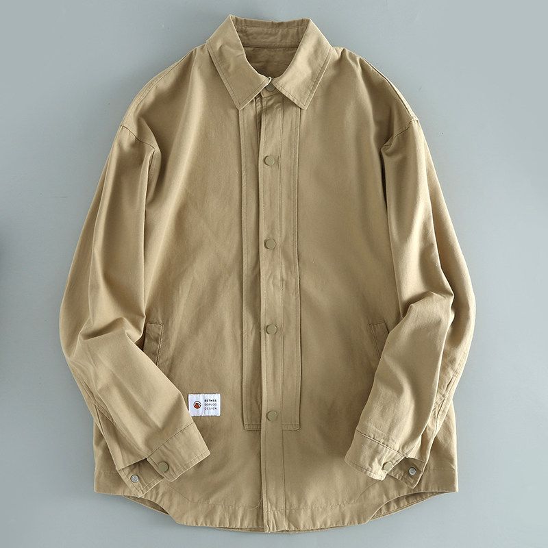 Heavy Weight Cattle Goods ~ Spring & Fall Mechanical Style Spring & Fall Lapel Men Long Sleeves Shirt Hidden Hook Design Men s Plus Size Shirt Khaki L