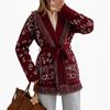 Damen Retro Boho Geometrischer Print Strick Cardigan, V-Ausschnitt mit Gürtel