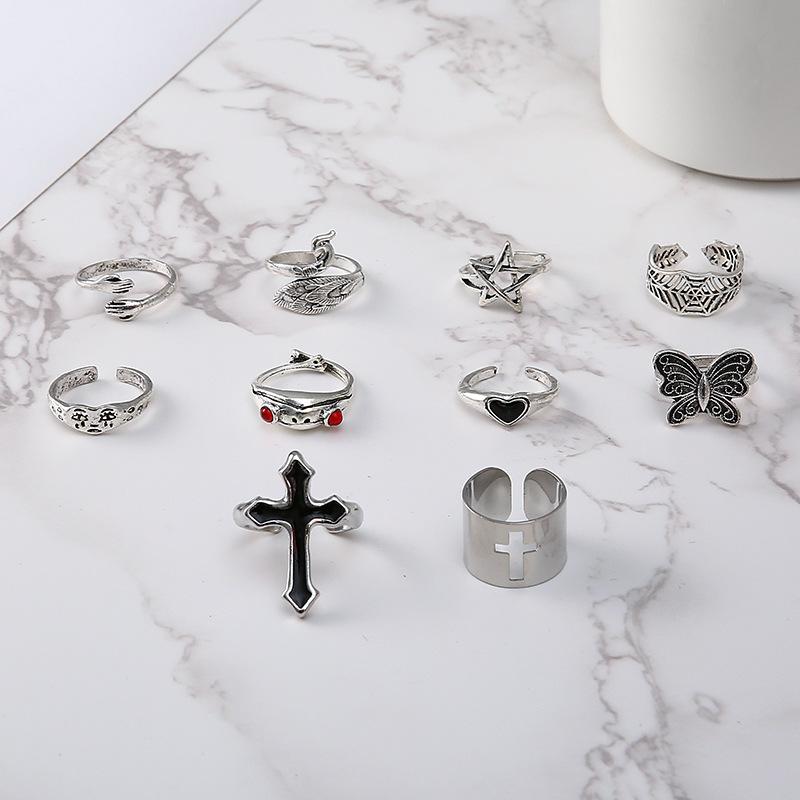 New Exaggerated Oil Cross Frog Peacock Butterfly Crying Face Ring 10-piece Set