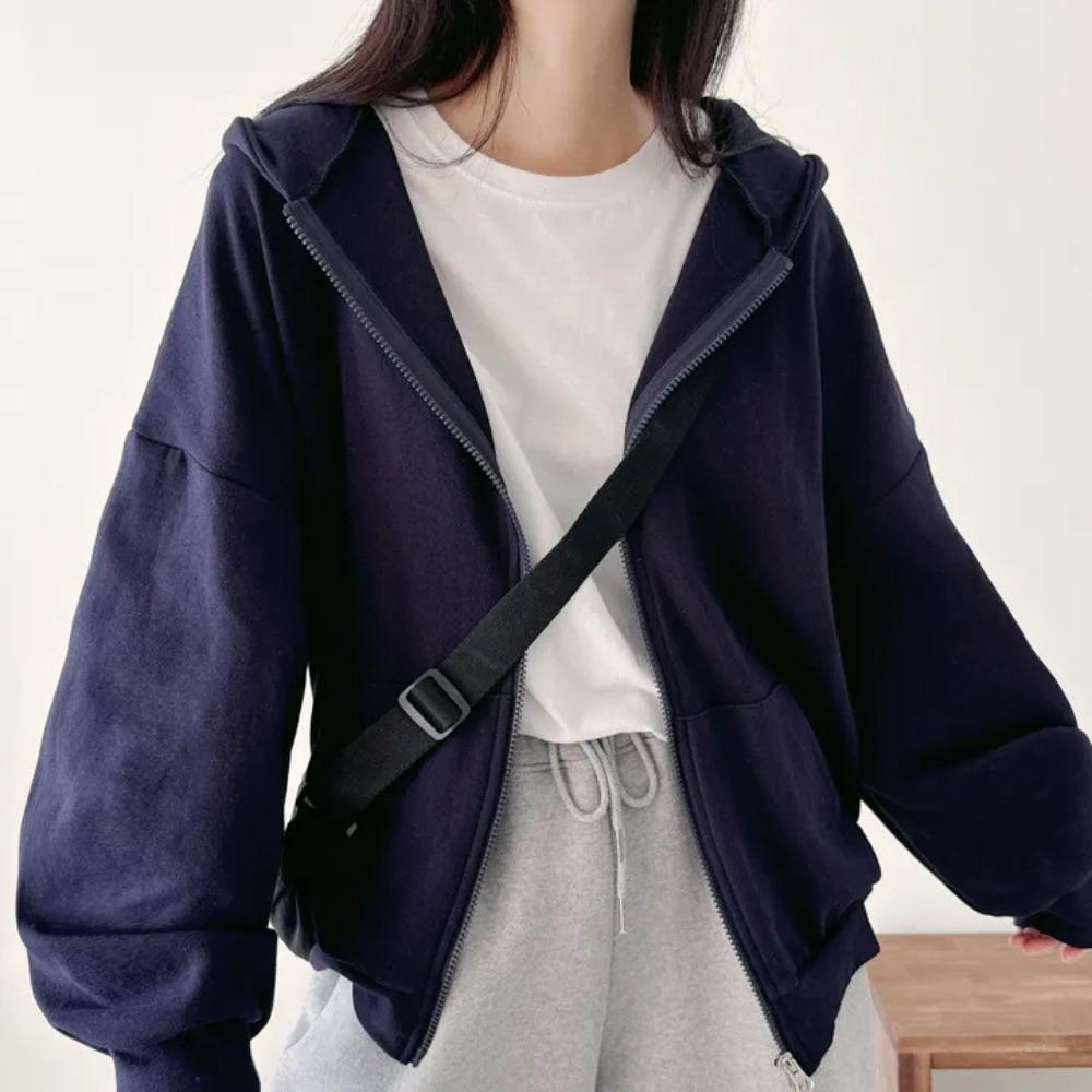 Women's Hooded Long Sleeve Zip Up Cardigan Oversized Fit Casual Top Solid Color Cropped Hoodie Jacket